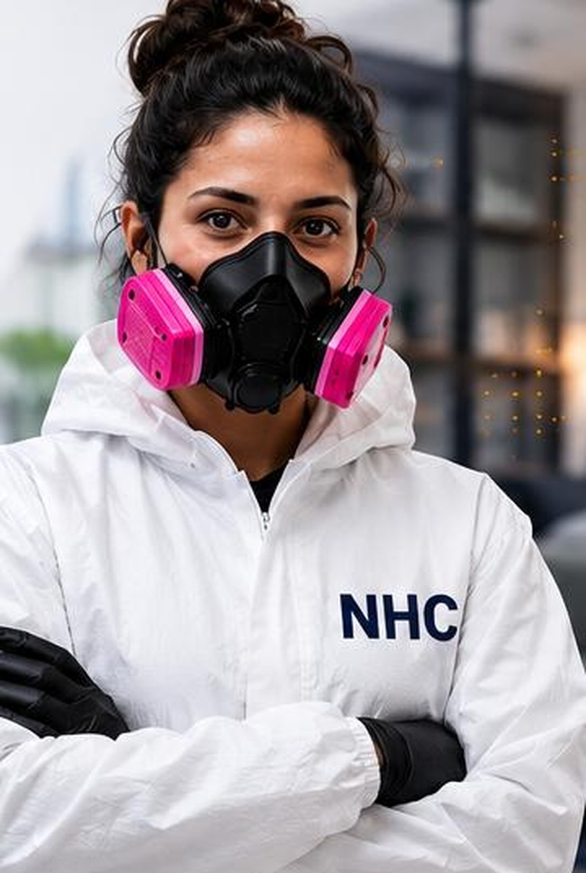 Technicienne NHC en combinaison de protection et masque respiratoire à filtres roses